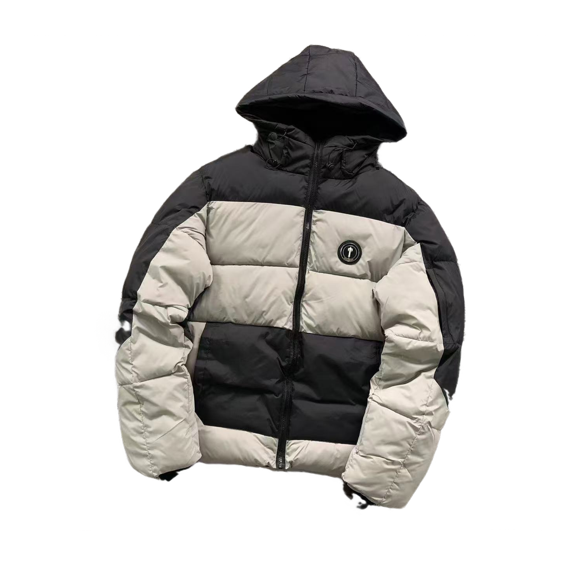 Black and beige puffer jacket with a logo on a white background