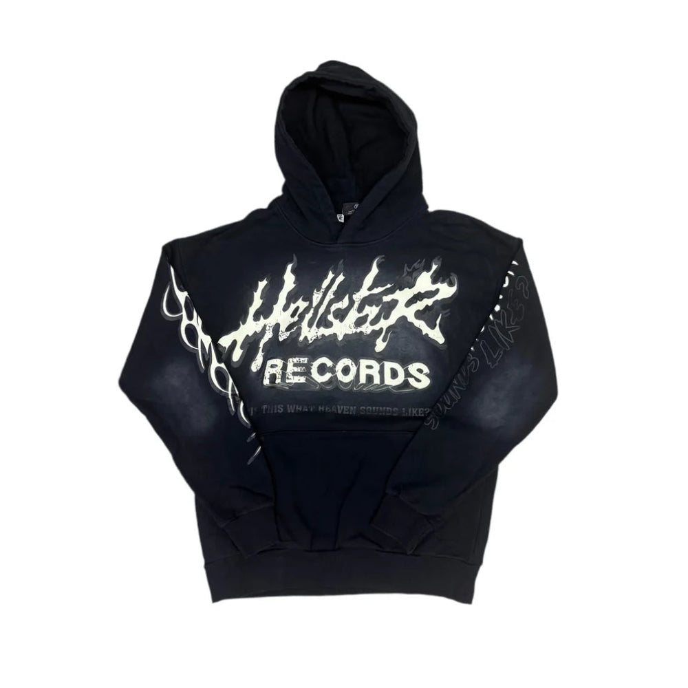 Black hoodie with 'Hellistik Records' logo on a white background