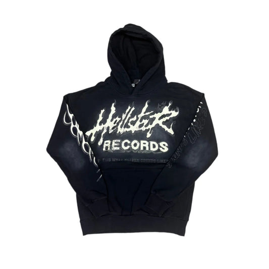 Black hoodie with 'Hellistik Records' logo on a white background