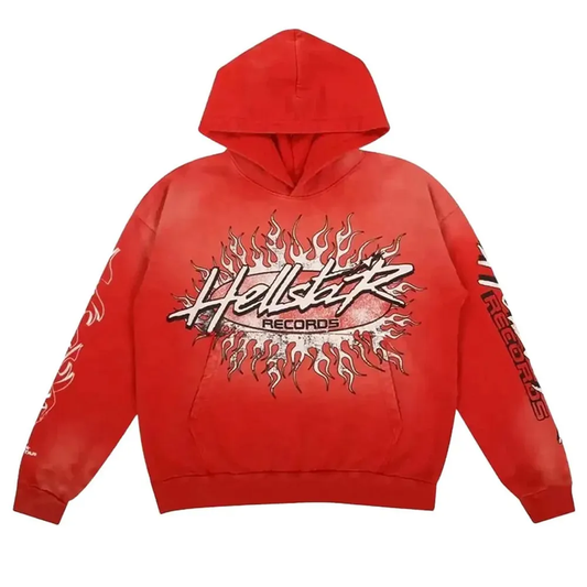 Red hoodie with 'Hellcat Records' logo on a white background