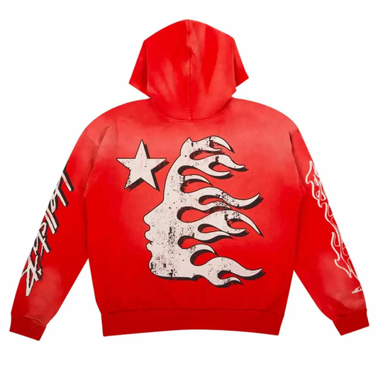Red hoodie with graphic designs on a white background