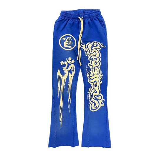 Blue sweatpants with yellow designs on a white background