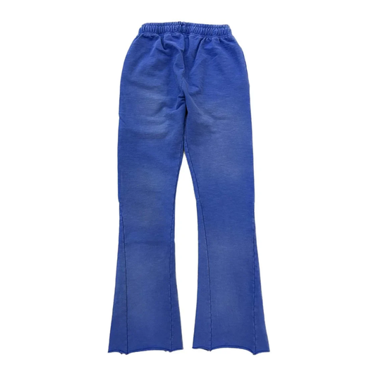 Blue bell-bottom pants on a white background