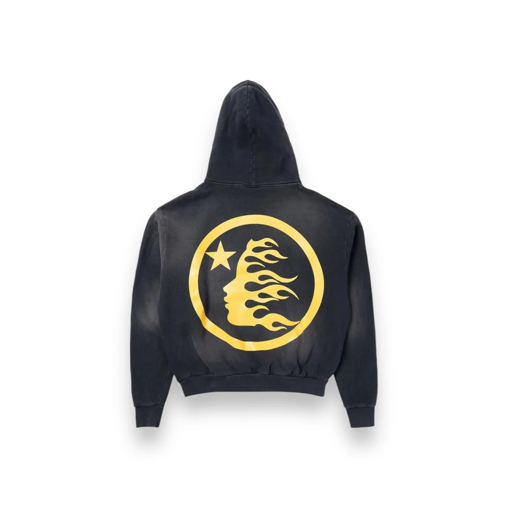 Black hoodie with a gold emblem on the back against a white background