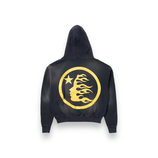 Black hoodie with a gold emblem on the back against a white background