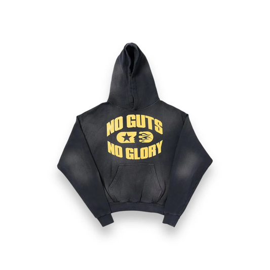 Black hoodie with yellow text 'NO GUTS NO GLORY' on a white background