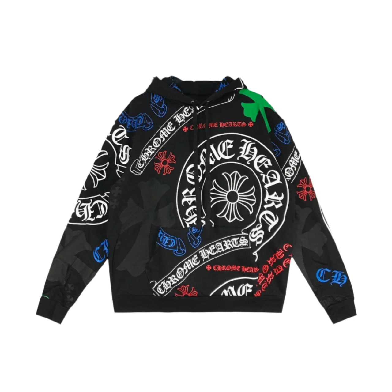 Black hoodie with colorful graphics and text on a white background