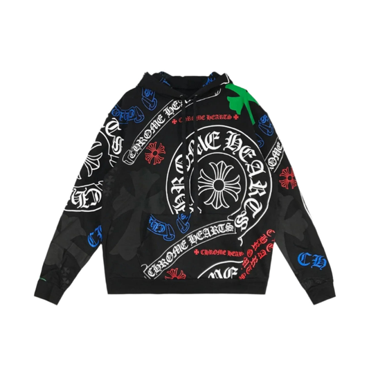 Black hoodie with colorful graphics and text on a white background