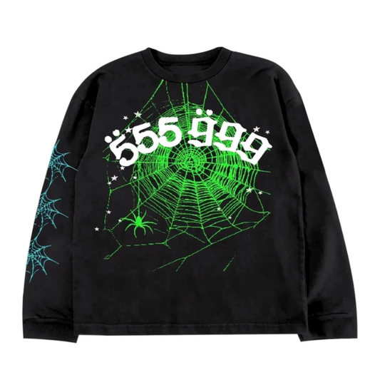 Black long-sleeve shirt with green spider web design and text on a white background