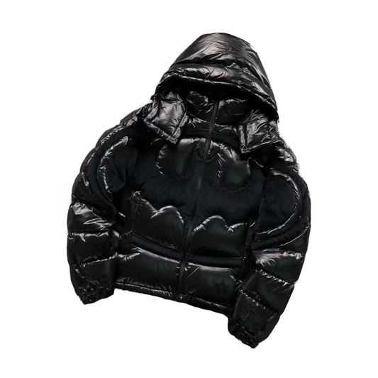 Black puffer jacket with a hood on a white background
