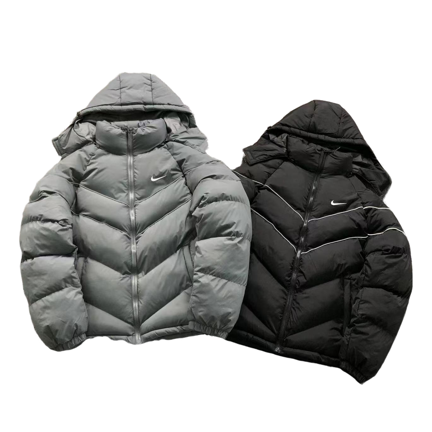 Gray and black puffer jackets with Nike logo on a white background