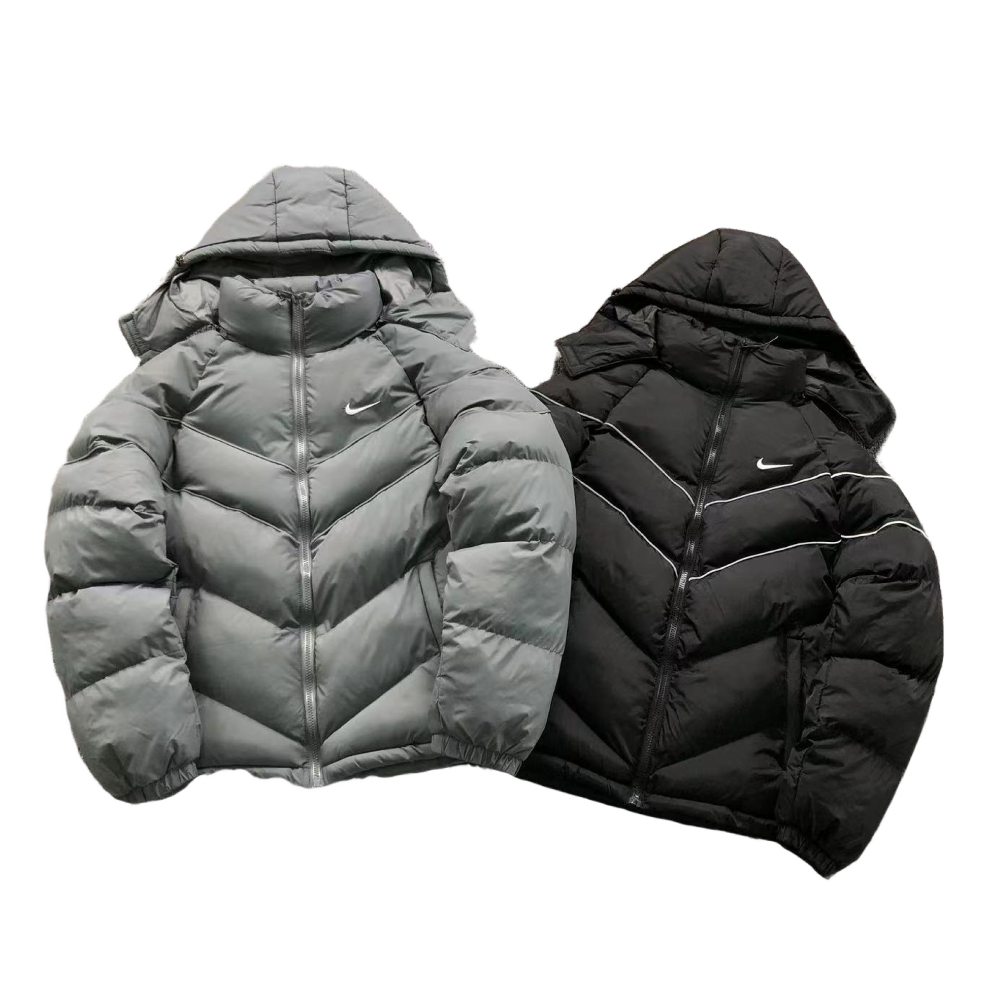 Gray and black puffer jackets with Nike logo on a white background