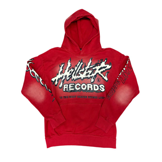 Red hoodie with 'Hilltop Records' logo on a white background