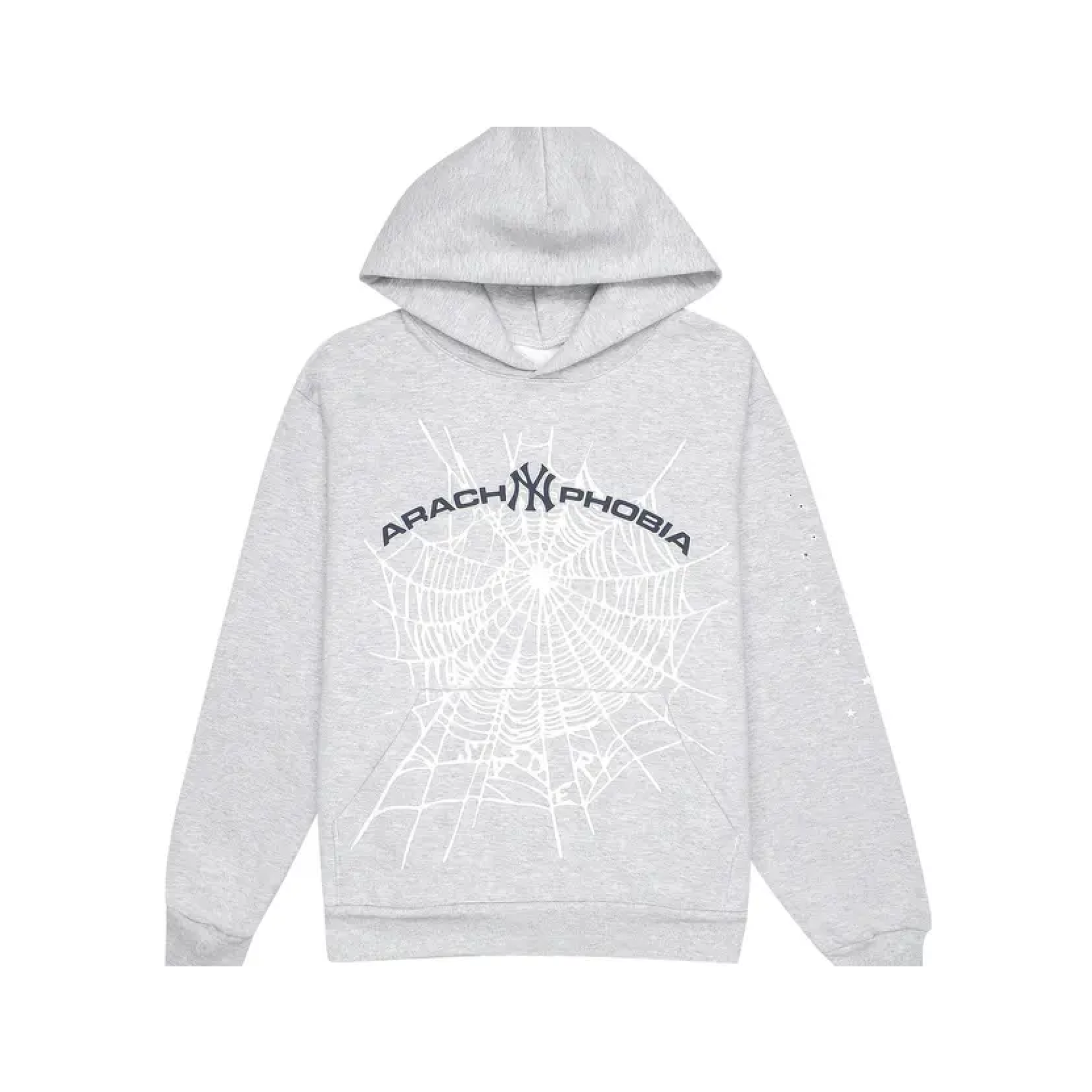 Gray hoodie with spider web design and 'Arachnophobia' text on a white background