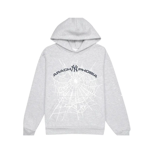 Gray hoodie with spider web design and 'Arachnophobia' text on a white background