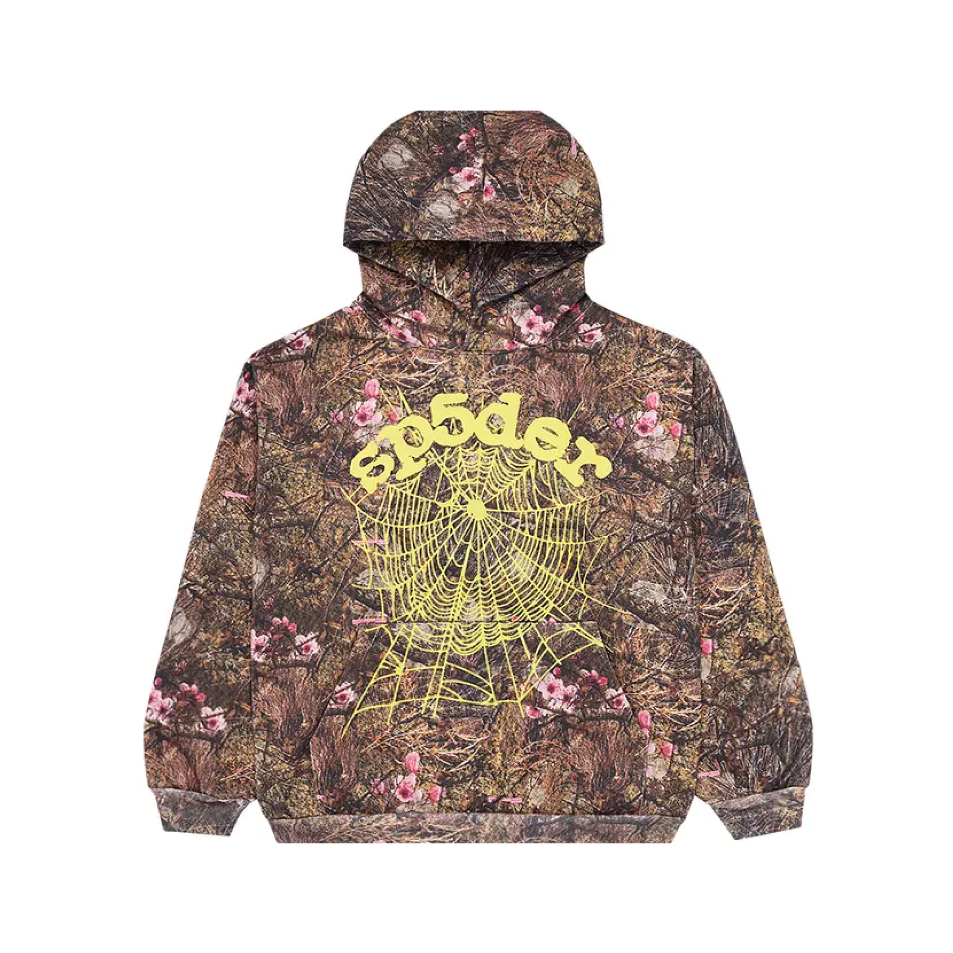 Camouflage hoodie with spider web design and 'spider' text on a white background