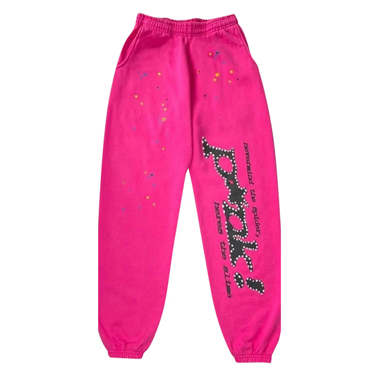 Pink sweatpants with a black graphic design on a white background