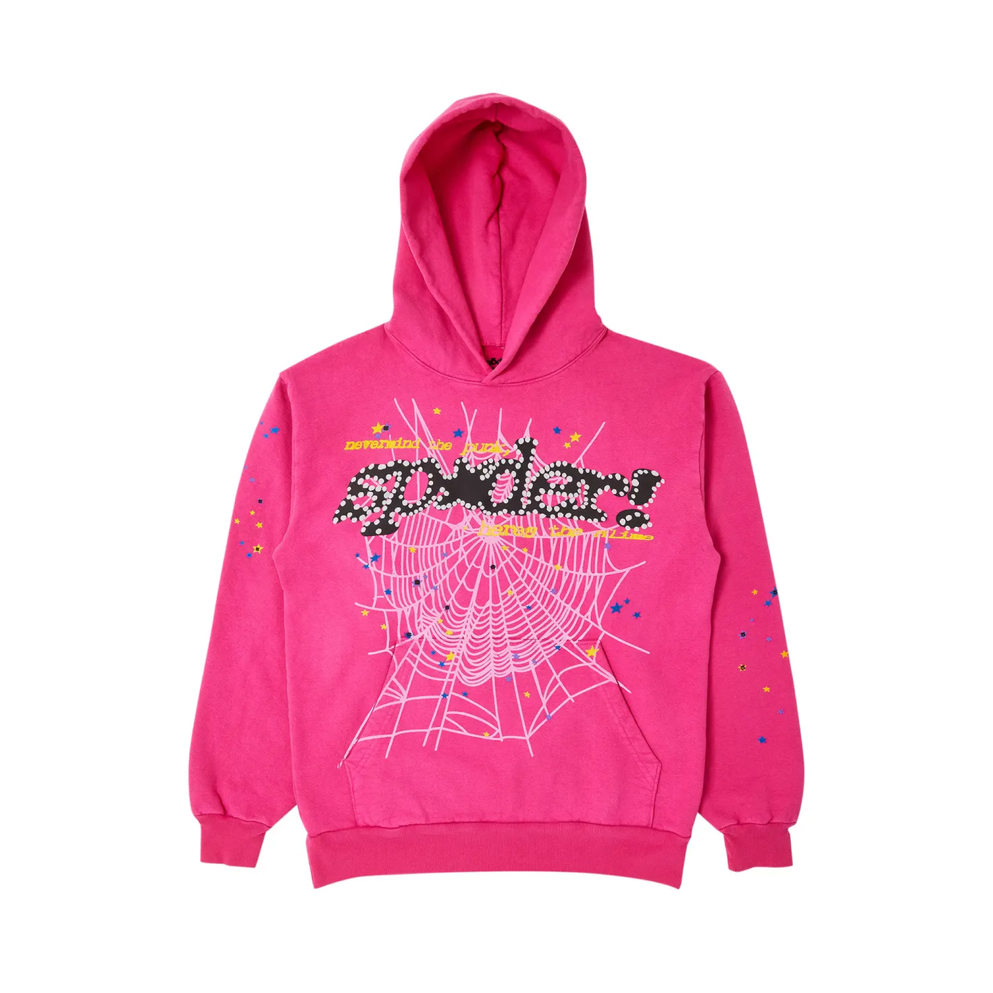 Pink hoodie with spider web design and text on a white background