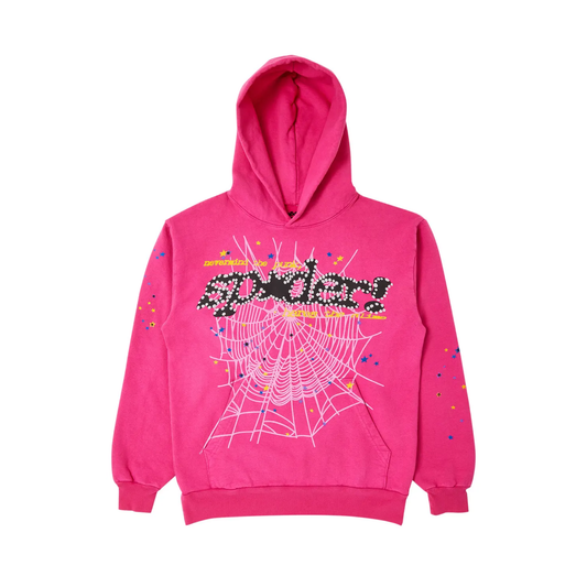 Pink hoodie with spider web design and text on a white background