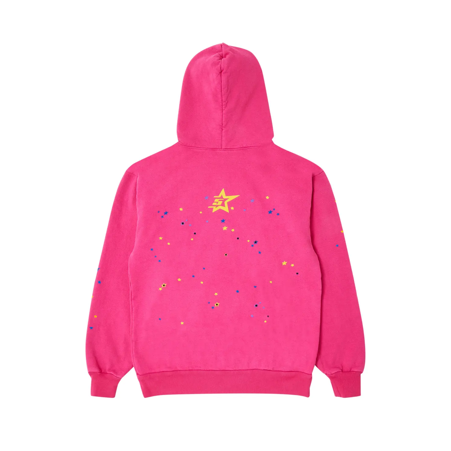 Pink hoodie with a yellow star and colorful dots on the back against a white background