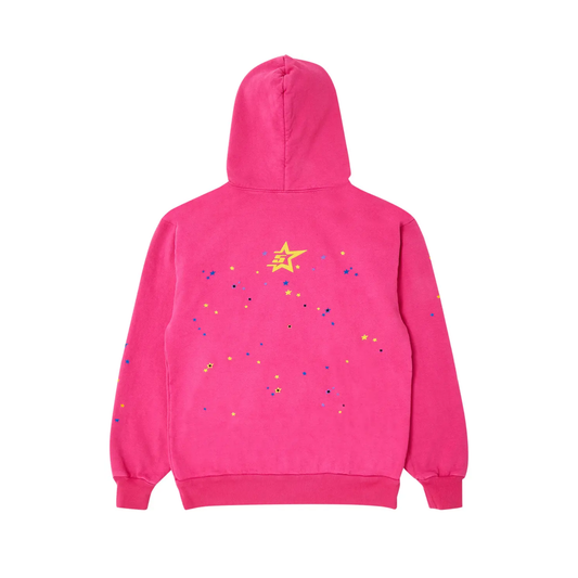 Pink hoodie with a yellow star and colorful dots on the back against a white background