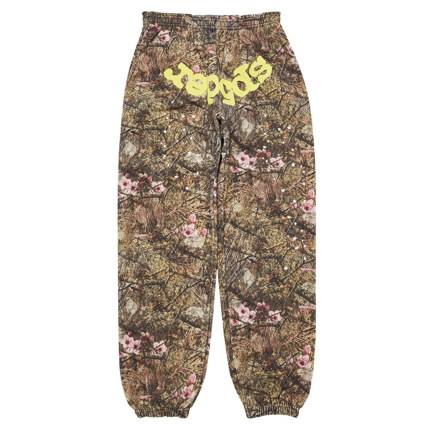 Camouflage pants with floral patterns and yellow text on a white background