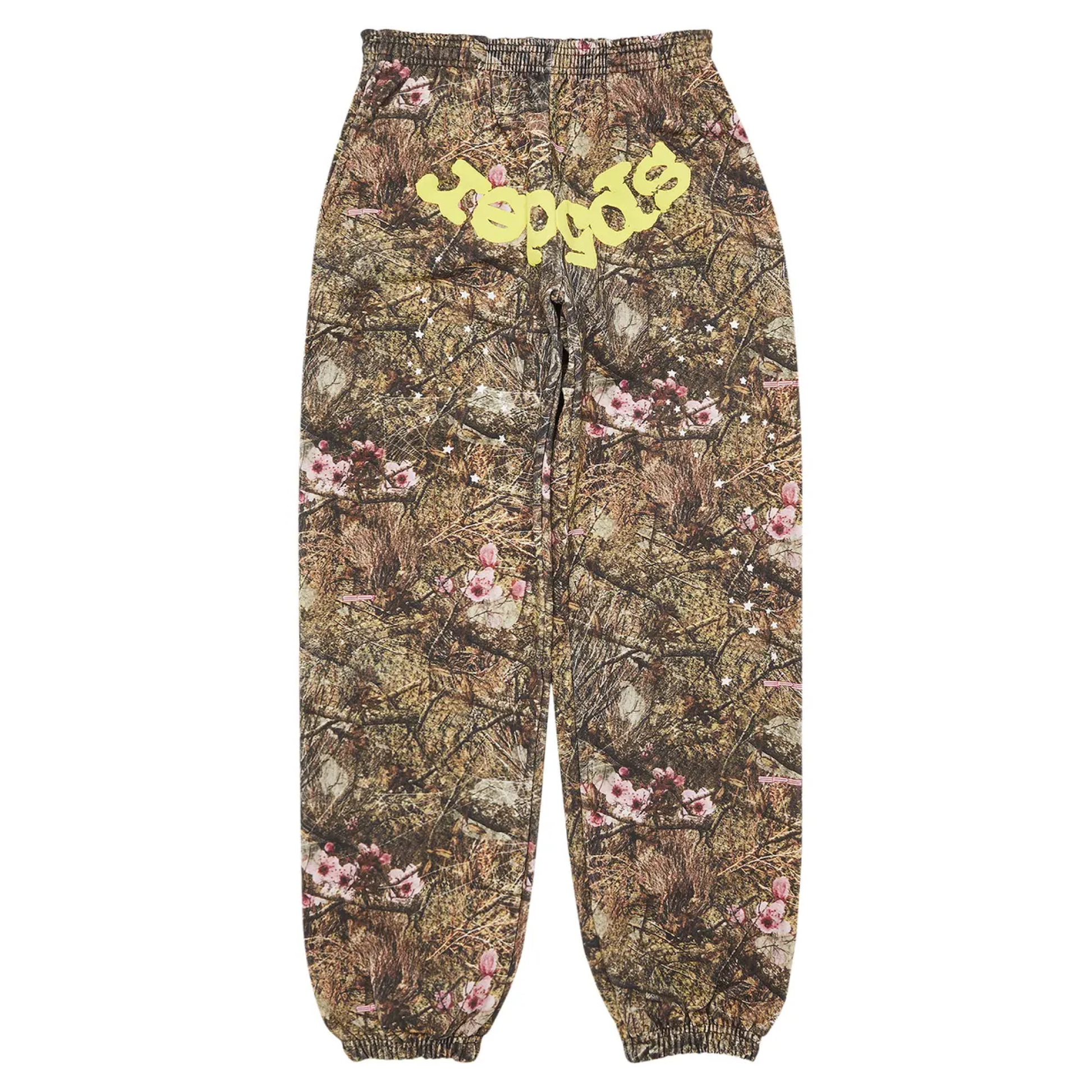 Camouflage pants with floral patterns and yellow text on a white background