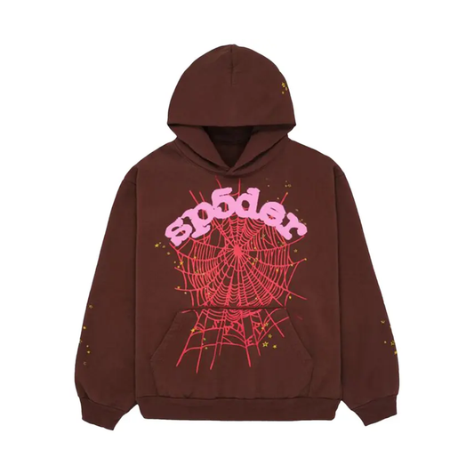 Brown hoodie with pink spider web design on a white background