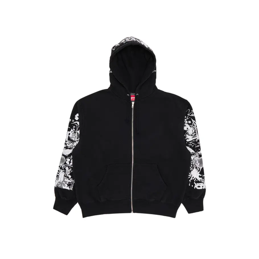 Black hoodie with white graphic designs on sleeves against a white background