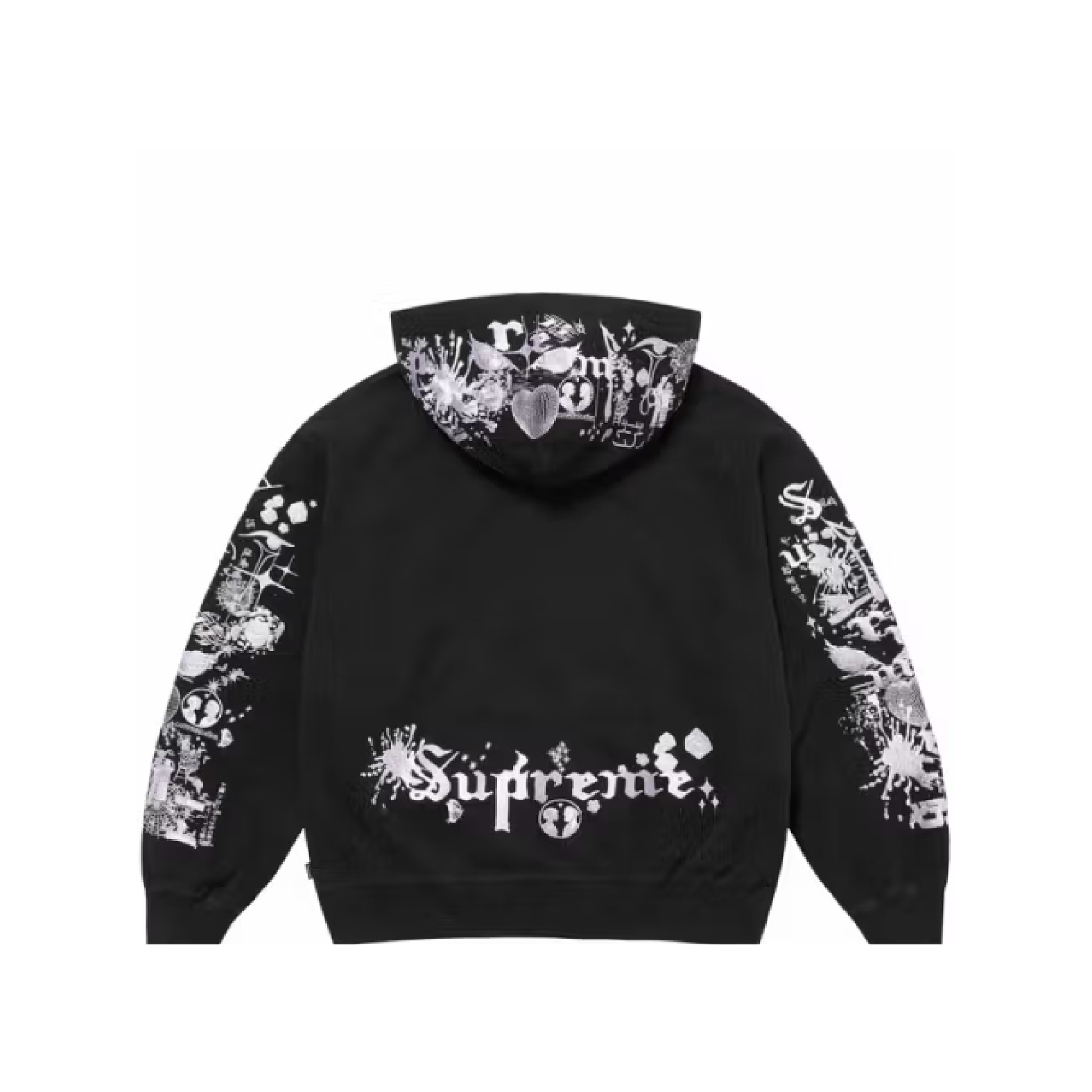 Black hoodie with white floral and graphic designs on a white background
