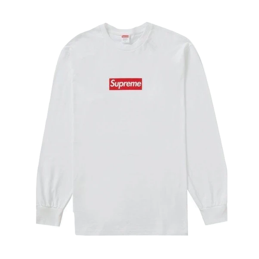 White long-sleeve shirt with Supreme logo on a white background