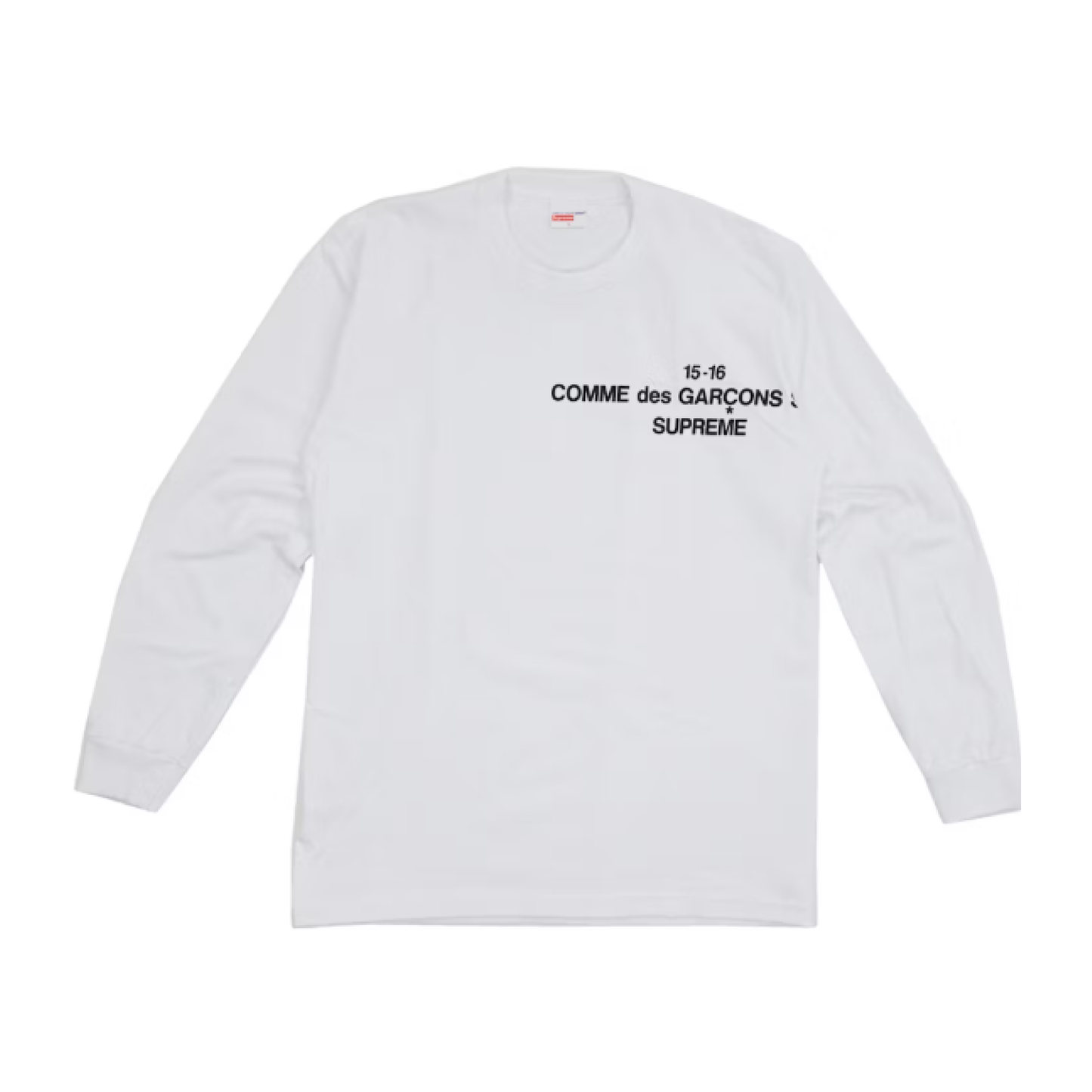 White long-sleeve shirt with black text on a white background
