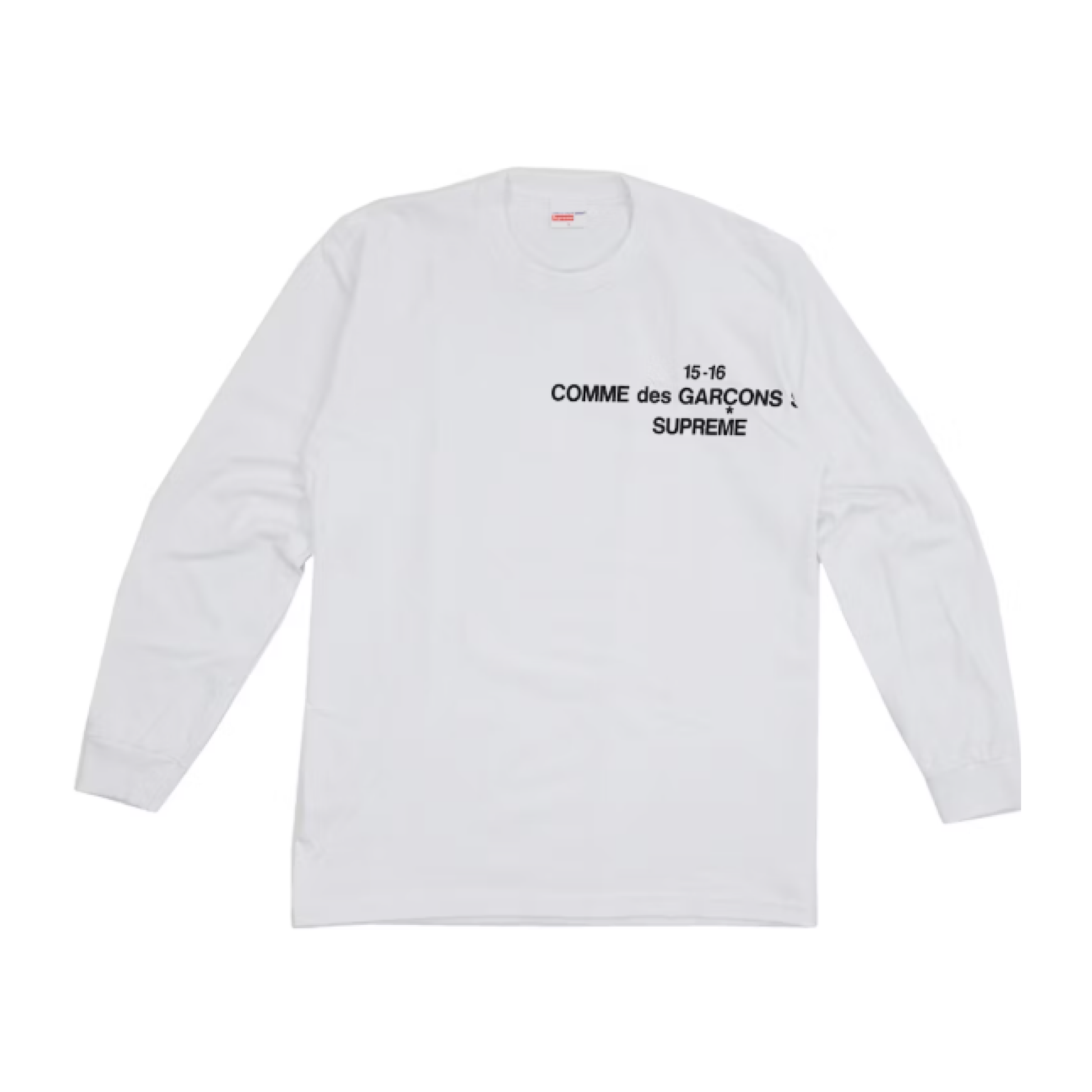 White long-sleeve shirt with black text on a white background