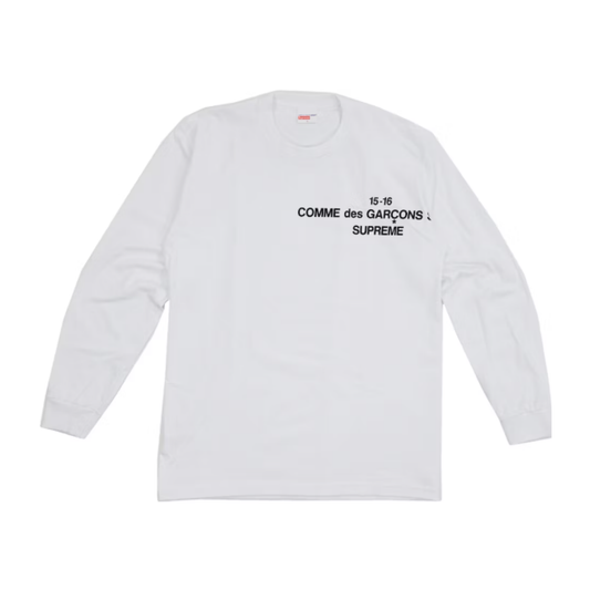 White long-sleeve shirt with black text on a white background