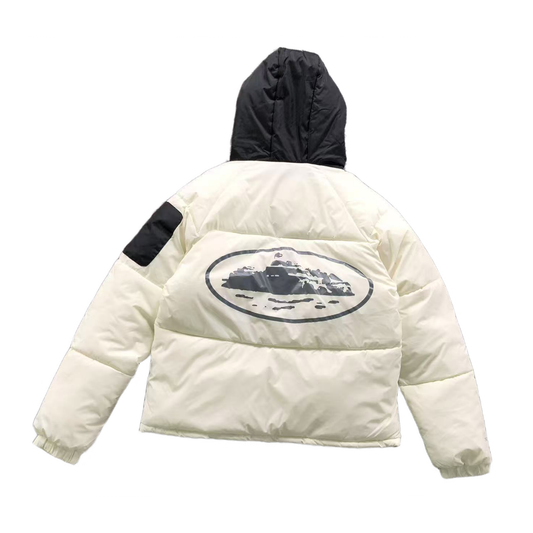 White puffer jacket with a black hood and logo on the back against a white background