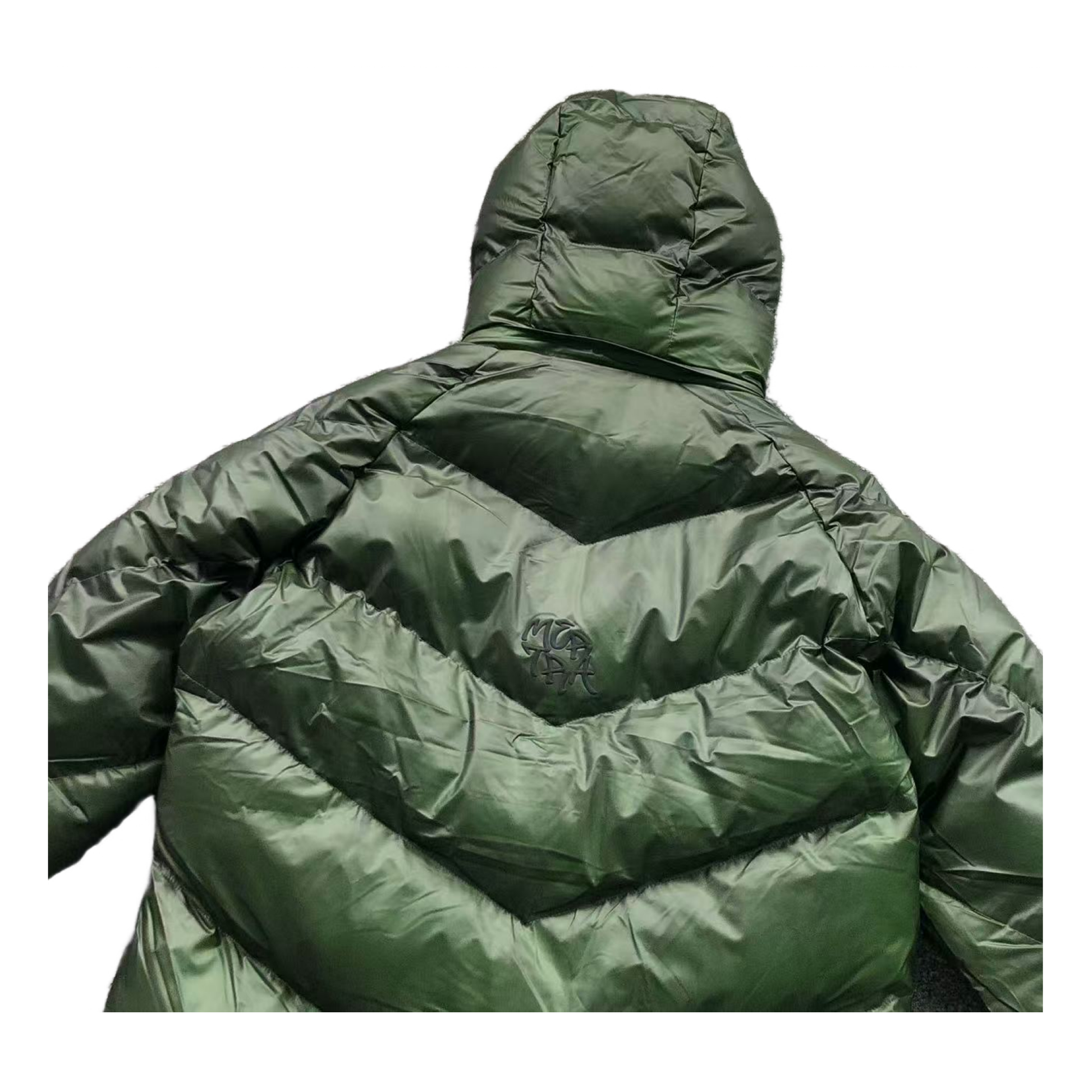 Green puffer jacket with a hood on a white background