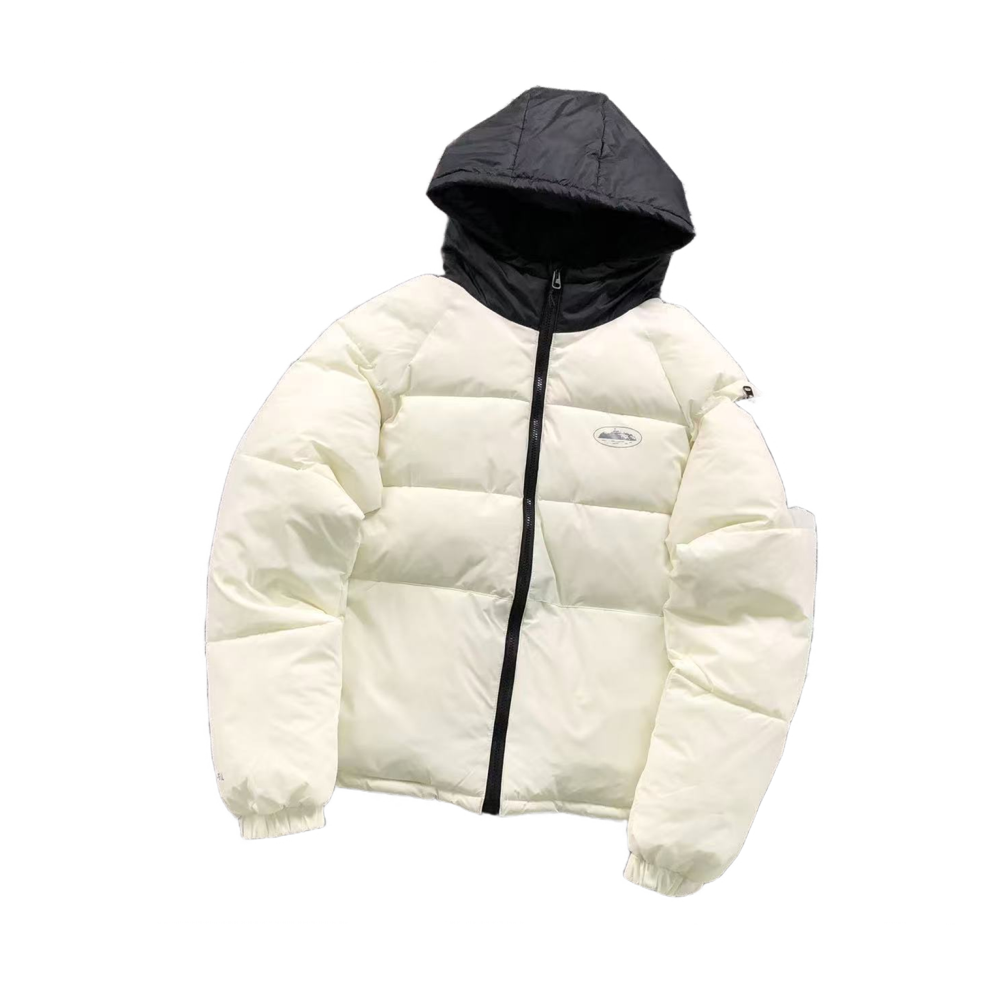 White puffer jacket with black hood on a white background