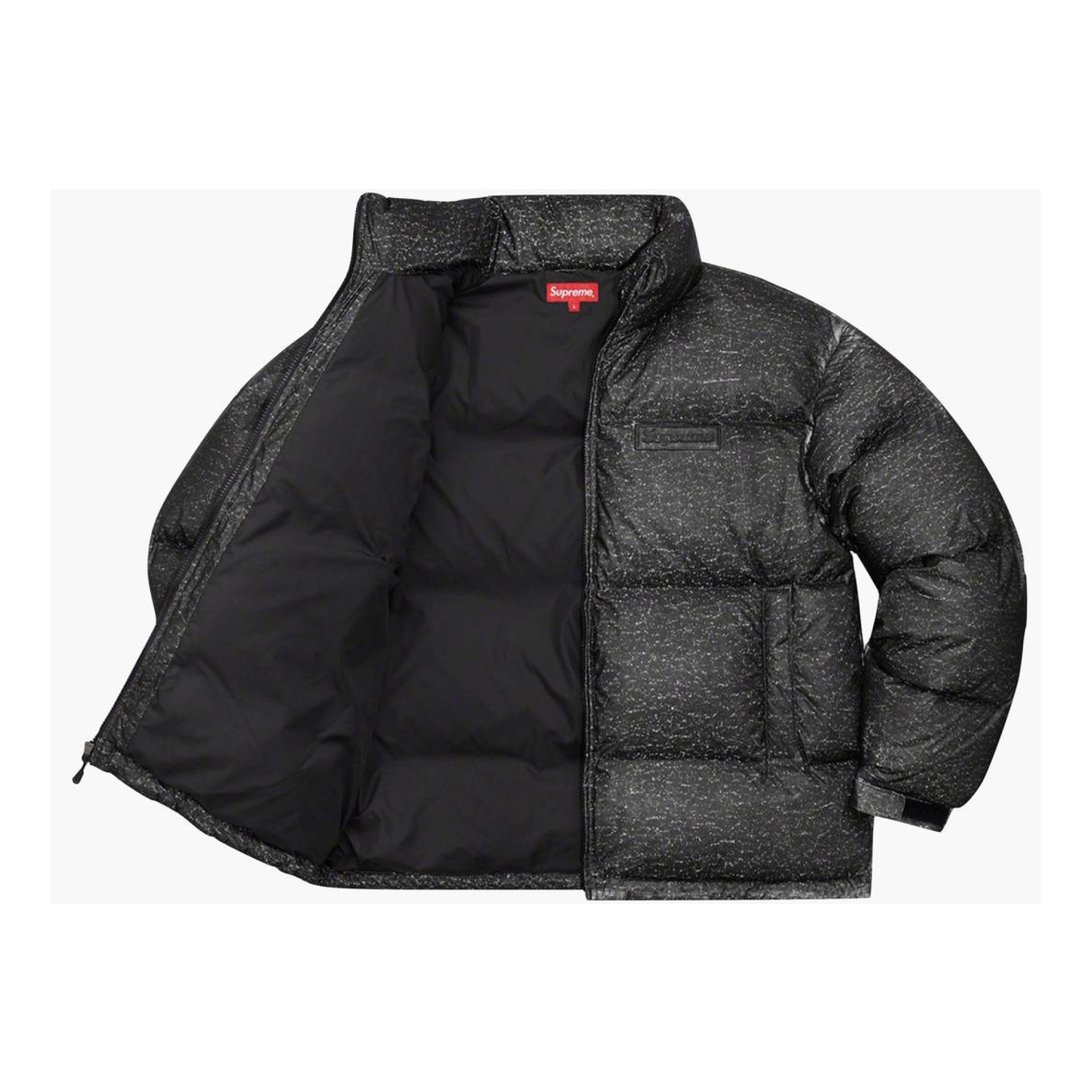 Black puffer jacket with a visible brand logo on a white background