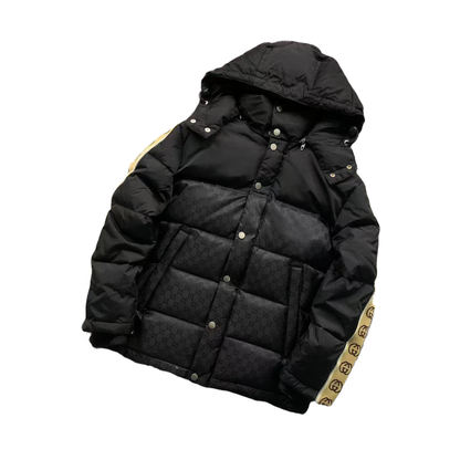 Black puffer jacket with beige accents on a white background
