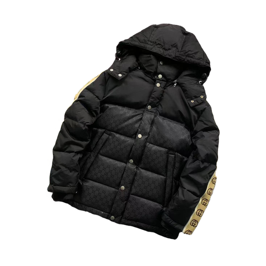Black puffer jacket with beige accents on a white background