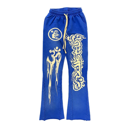Blue sweatpants with yellow designs on a white background
