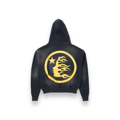 Black hoodie with a gold emblem on the back against a white background