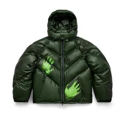Green puffer jacket with a hood on a white background