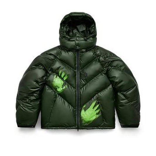 Green puffer jacket with a hood on a white background