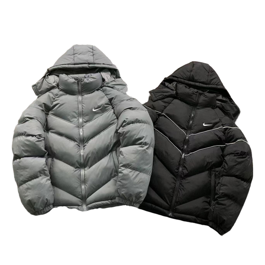 Gray and black puffer jackets with Nike logo on a white background