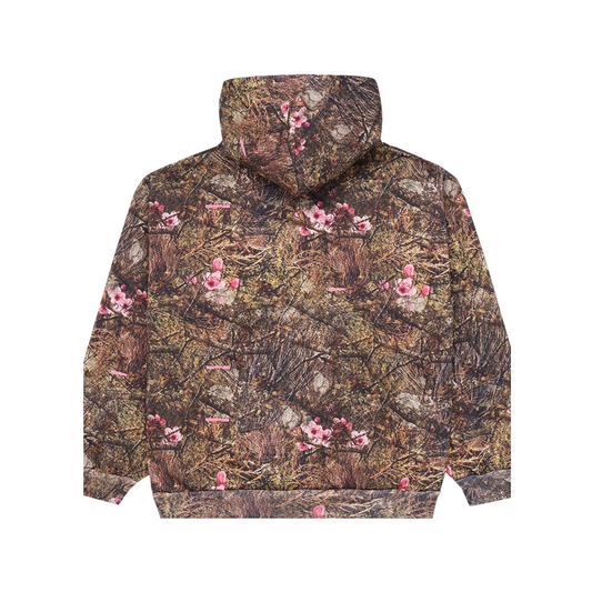 Camouflage hoodie with spider web design and 'spider' text on a white background
