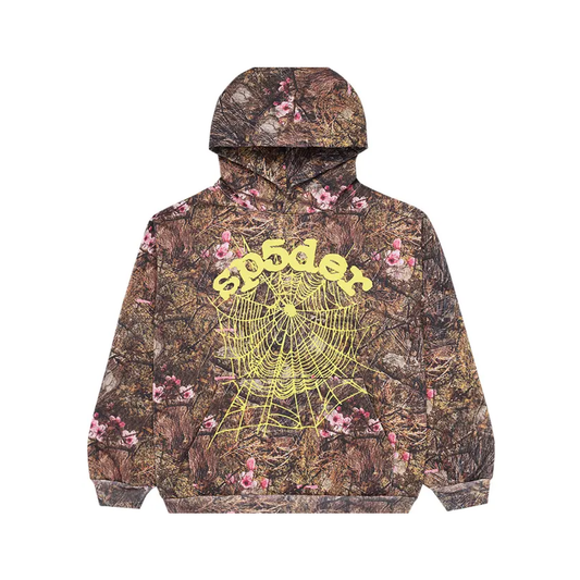 Camouflage hoodie with spider web design and 'spider' text on a white background