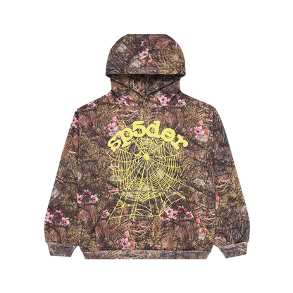Camouflage hoodie with spider web design and 'spider' text on a white background