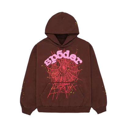 Brown hoodie with pink spider web design on a white background