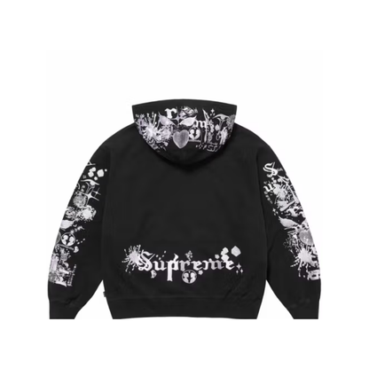 Black hoodie with white floral and graphic designs on a white background